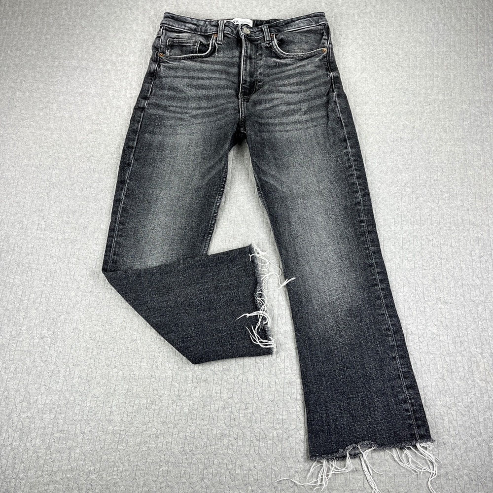 Zara Bootcut Jeans Women 6/27X26 Faded Black Frayed Hem High Rise Whisker Denim